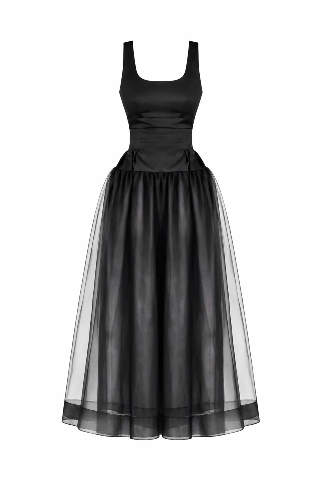 SİYAH DRAPELİ ORGANZE ETEKLİ UZUN ELBİSE - MiiN