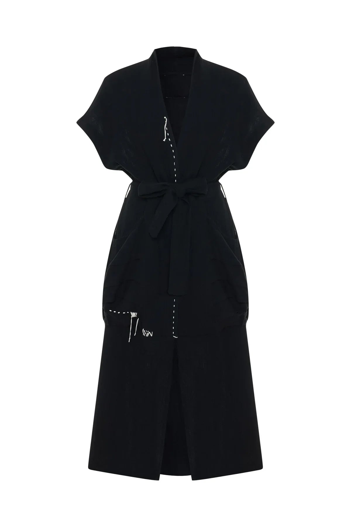 SİYAH BEYAZ DİKİŞ DETAYLI MÜSLİN KAFTAN
