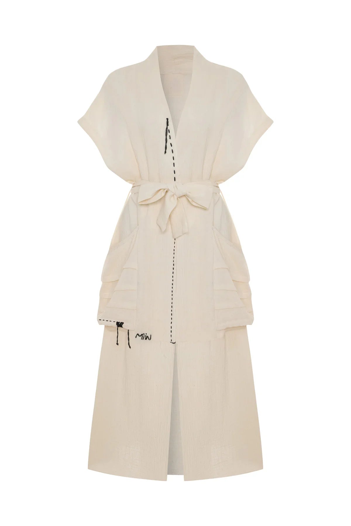 ECRU BLACK MUSLIN CAFTAN WITH STITCHING DETAIL