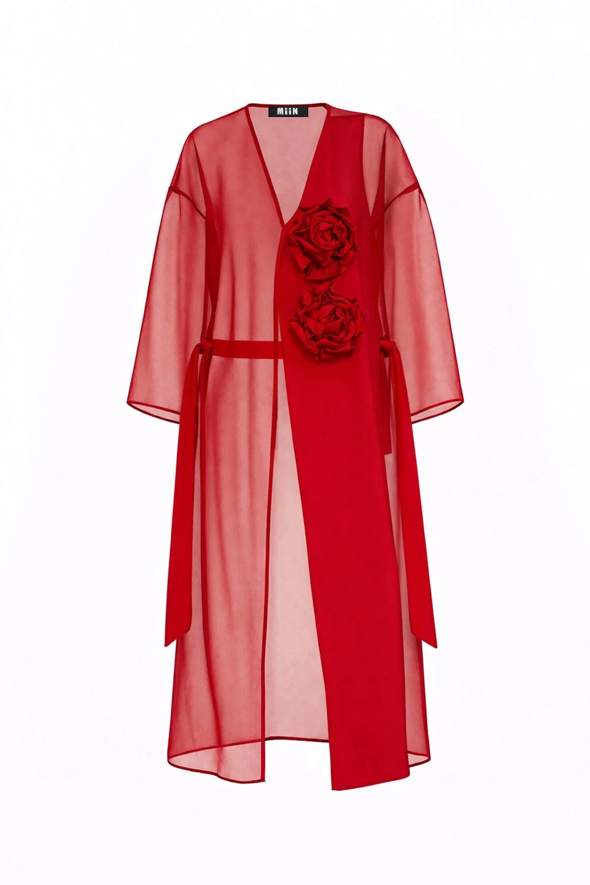 KIRMIZI TRANSPARAN ORGANZE GÜL APLİKELİ UZUN KAP - MiiN