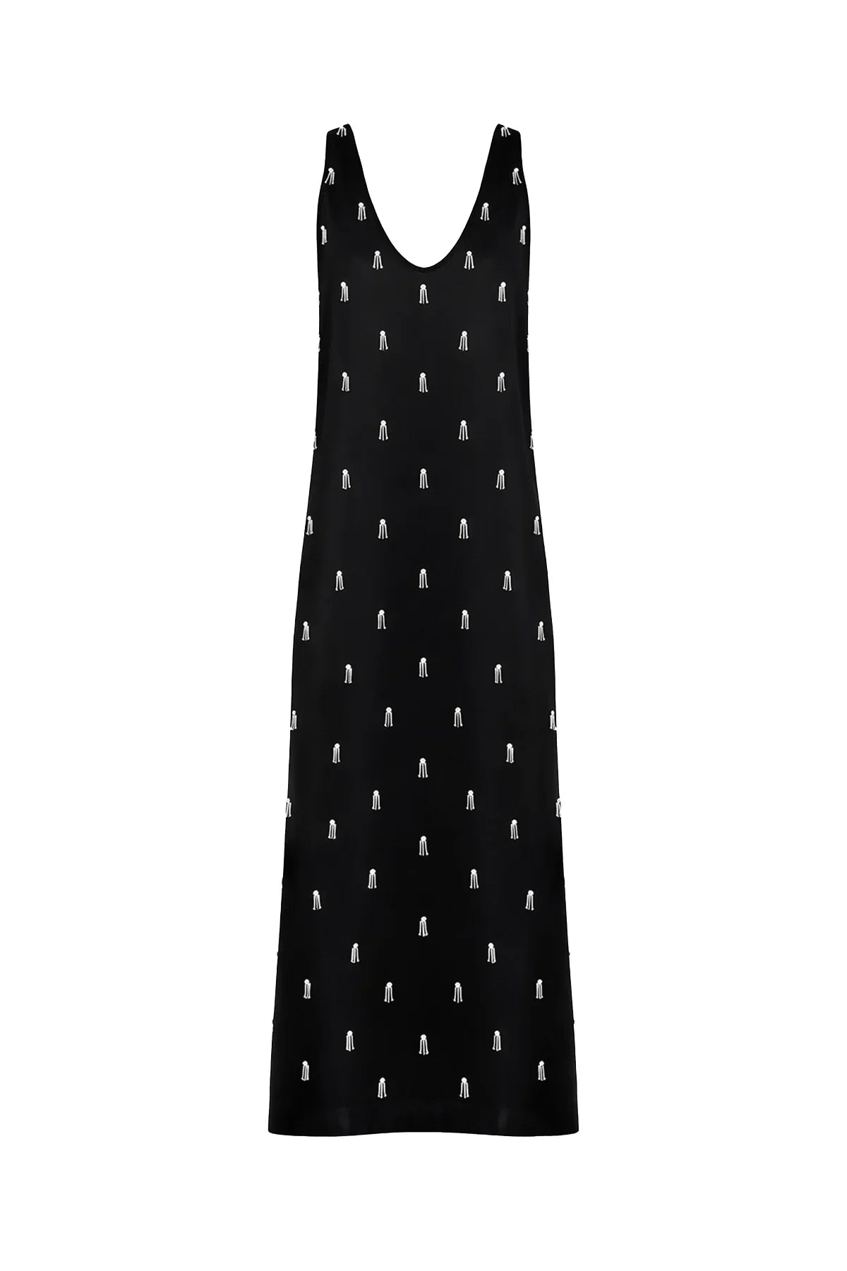 SİYAH EL İŞLEMELİ BONCUKLU KALIN ASKILI UZUN ELBİSE - MiiN