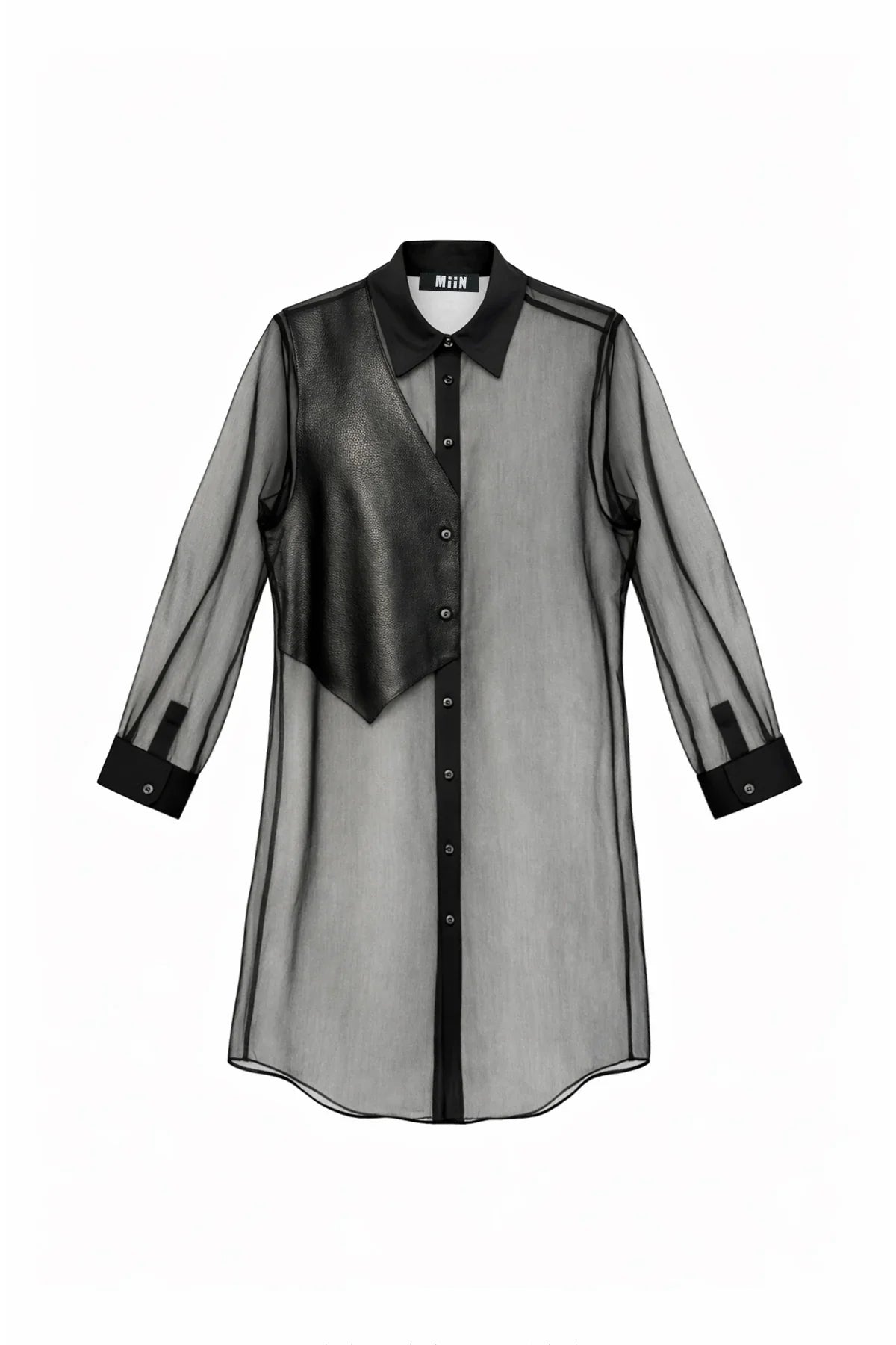 SİYAH DERİ DETAYLI ORGANZE TRANSPARAN GÖMLEK - MiiN