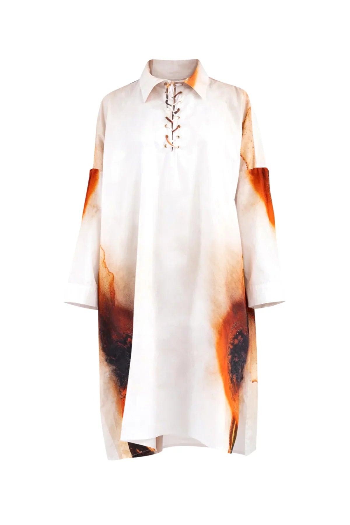 BEYAZ UZUN KOLLU SOYUT DESEN DİJİTAL BASKI DETAYLI ELBİSE - MiiN