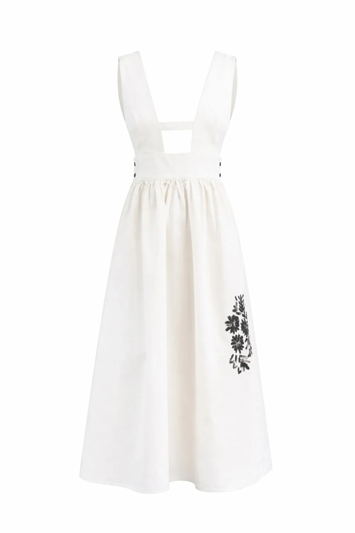 BEYAZ ÇİÇEK DESEN BASKI EL BOYAMASI SALOPET ELBİSE - MiiN