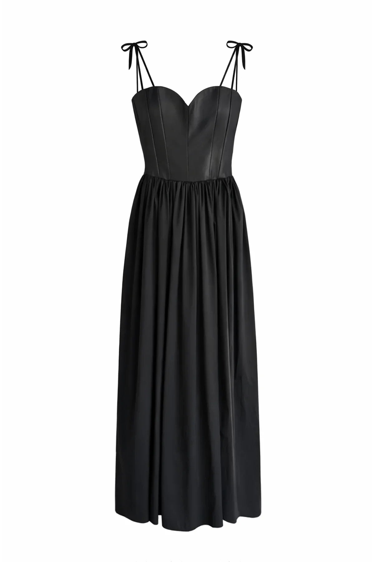 SİYAH STRAPLEZ BAĞCIK DETAYLI KORSAJLI UZUN DERİ ELBİSE - MiiN