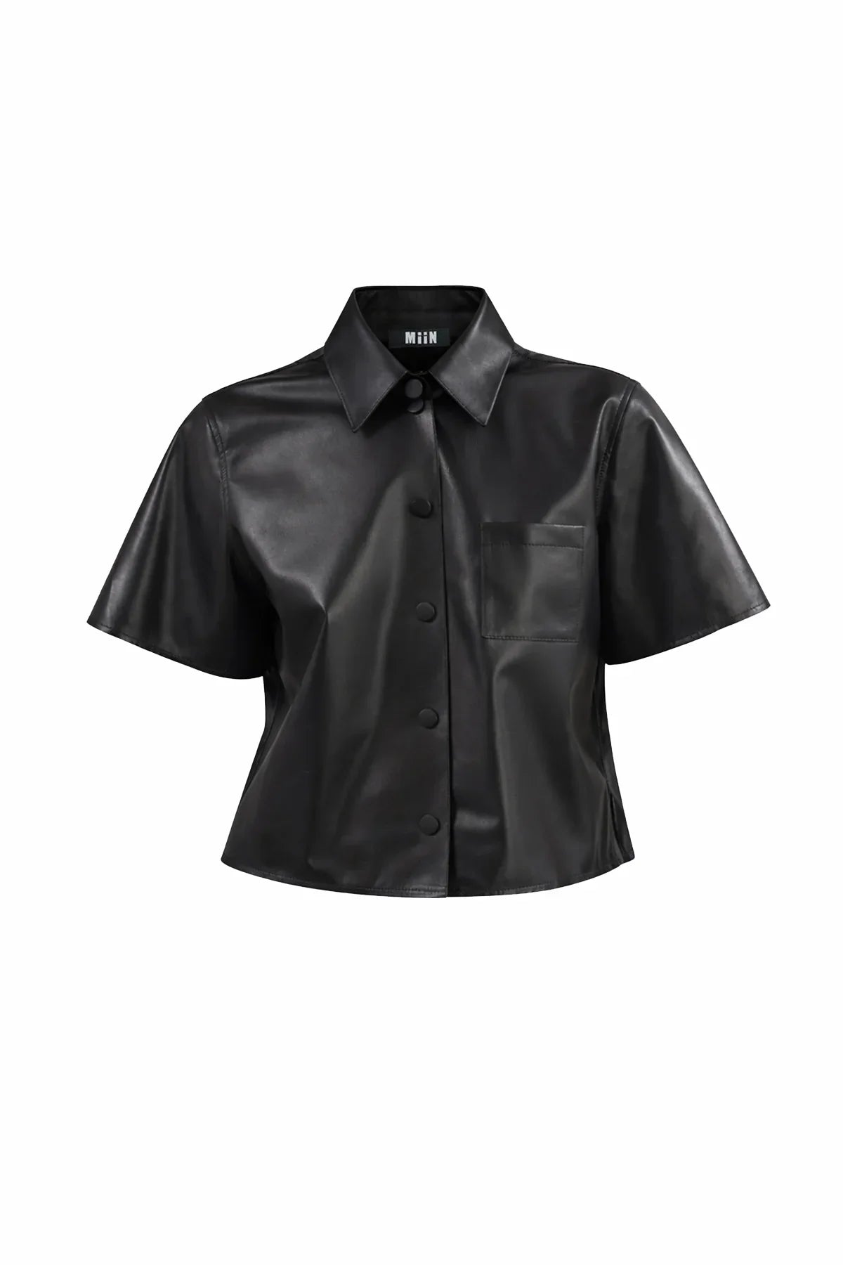 SİYAH KISA KOLLU ÖNÜ ÇIT ÇIT KAPAMALI DERİ GÖMLEK - MiiN