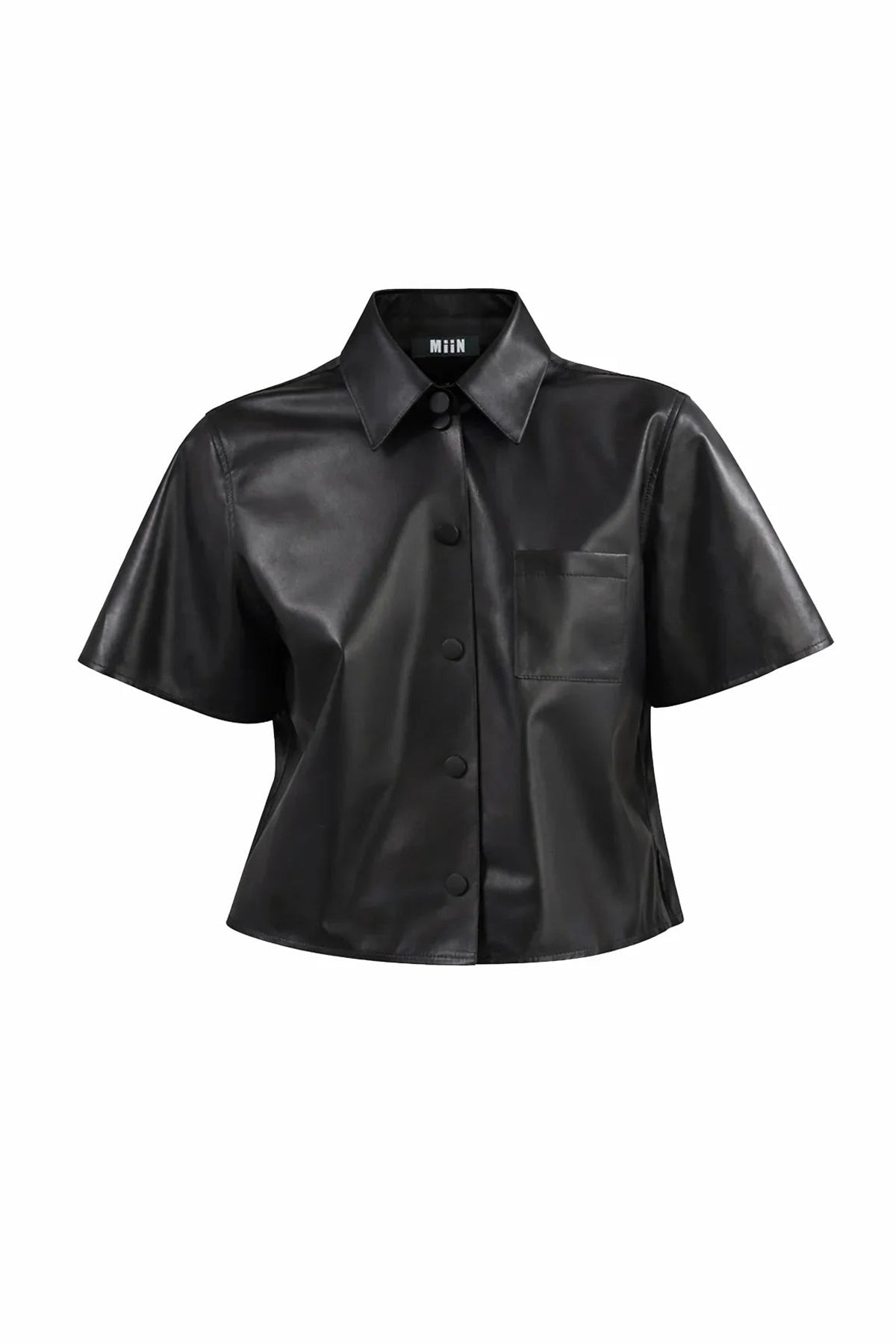 BLACK SHORT SLEEVE FRONT SNAP CLOSURE LEATHER SHIRT