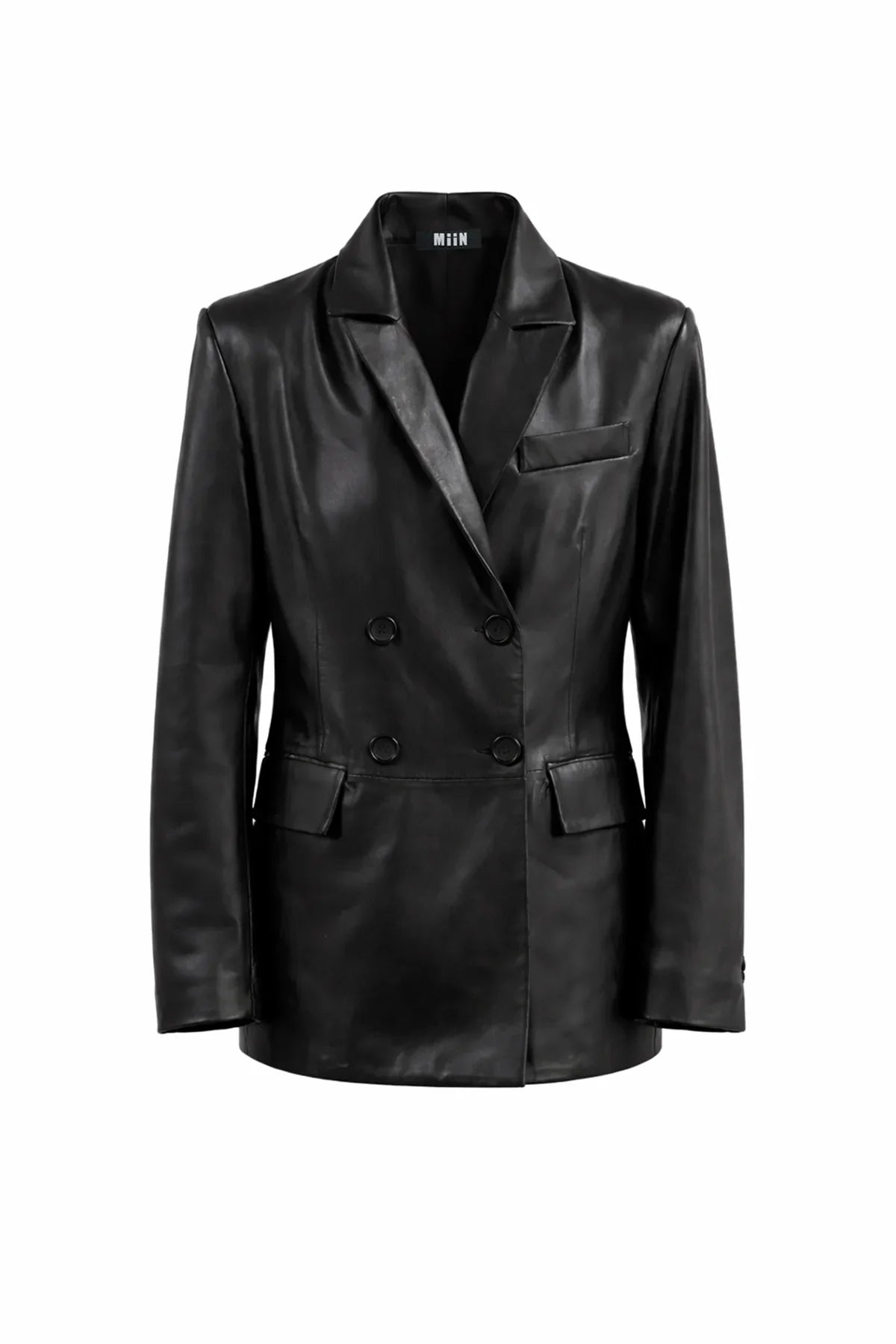 BLACK DOUBLE BREASTED LEATHER BLAZER JACKET - MiiN