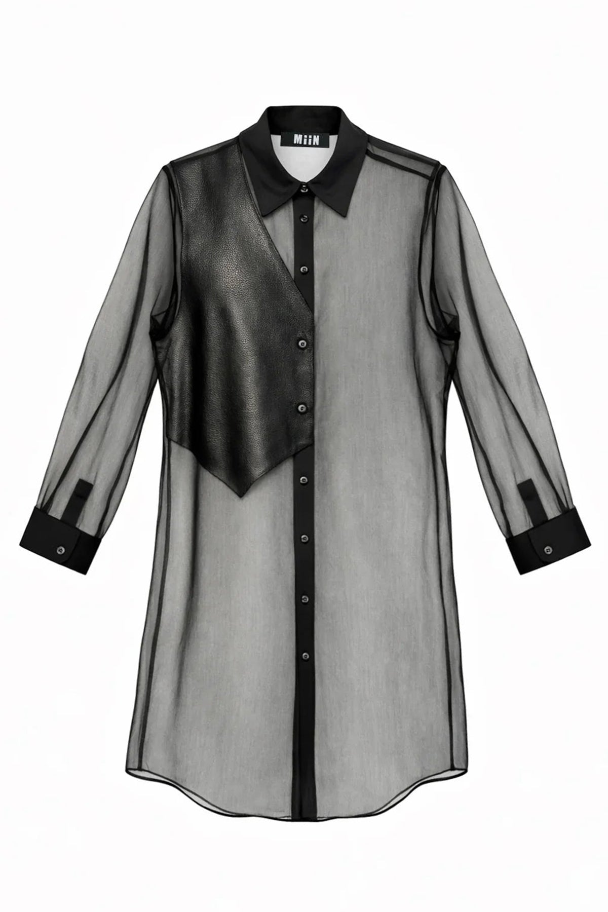BLACK LEATHER DETAILED ORGANZA TRANSPARENT SHIRT