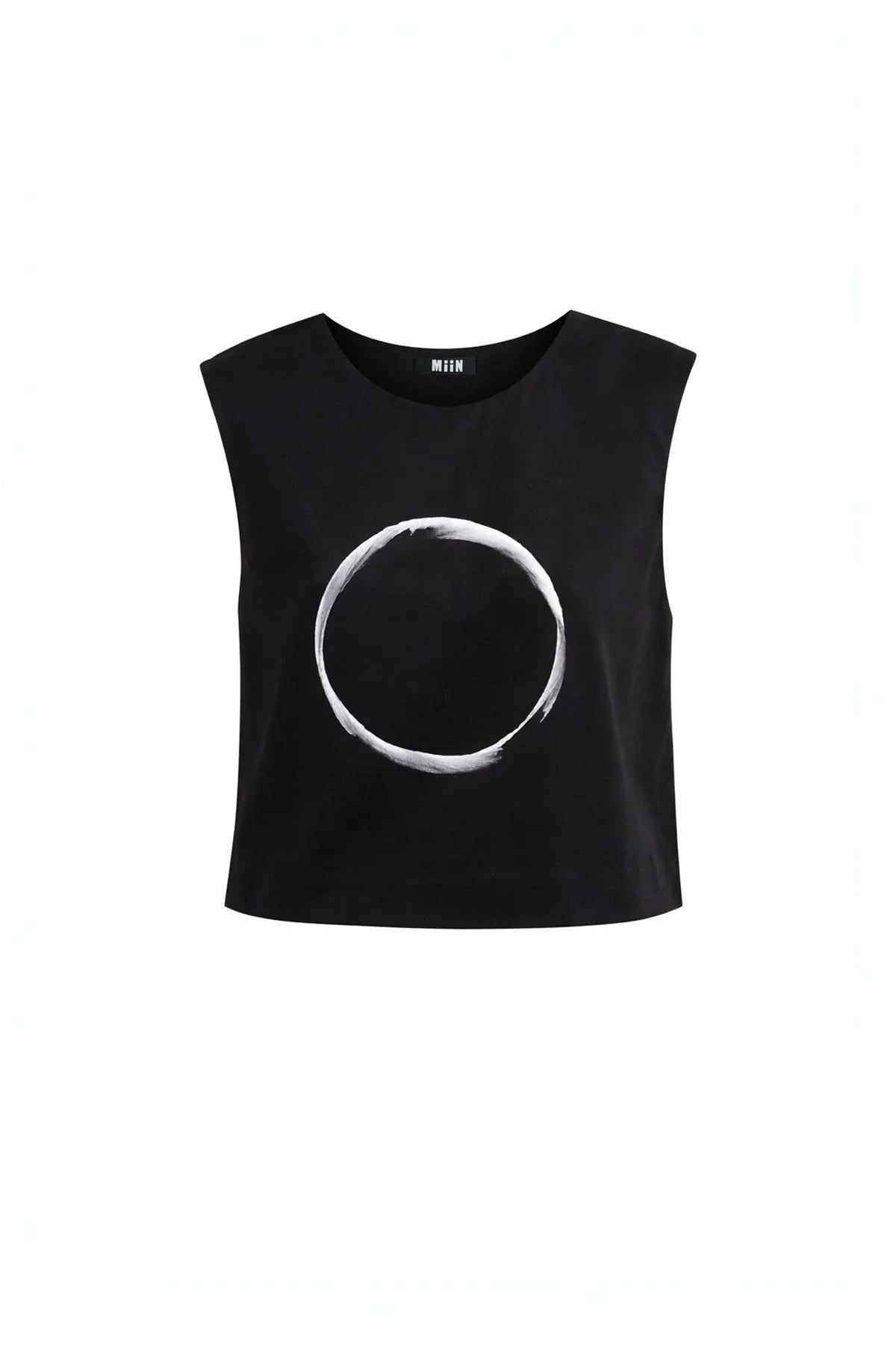 SİYAH KOLSUZ ÖNÜ DAİRE DESEN EL BOYAMASI SATEN TOP - MiiN