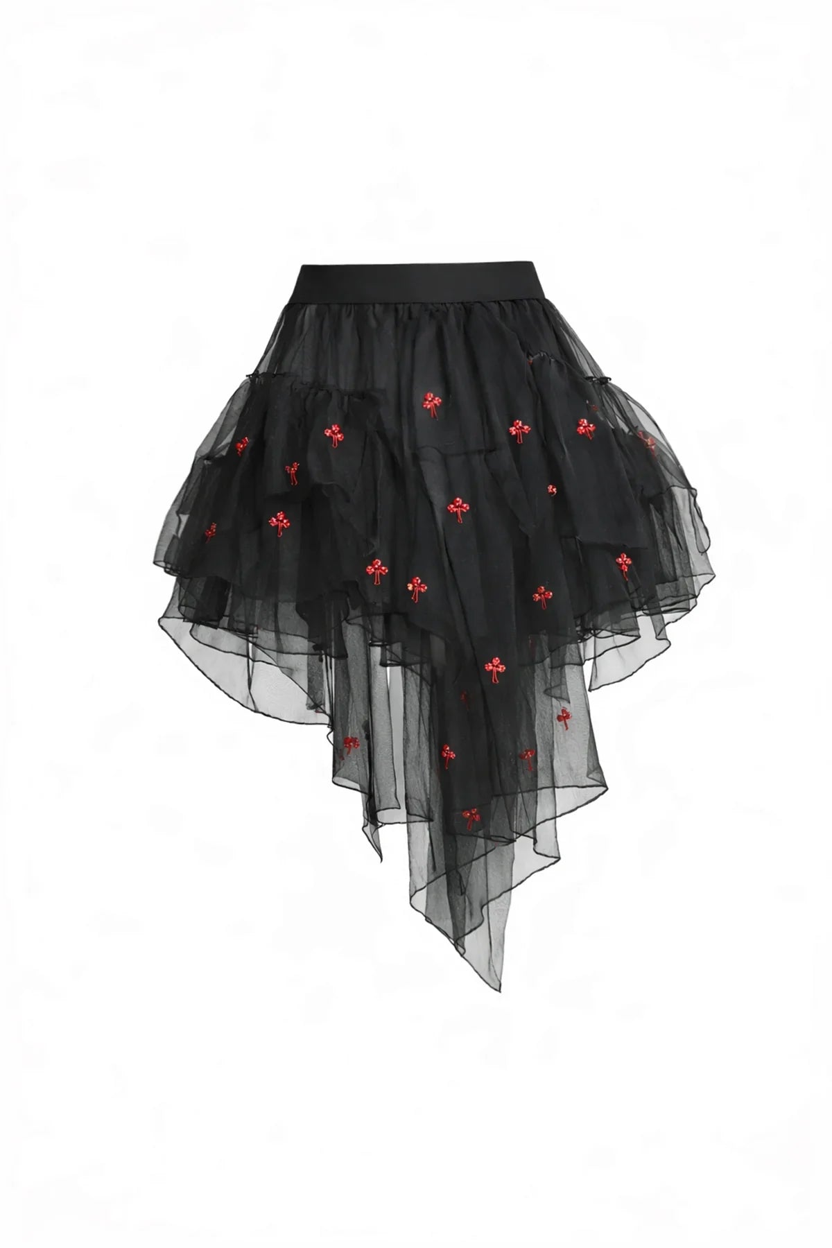 SİYAH KIRMIZI TAŞ İŞLEMELİ VOLANLI MİNİ TÜL ETEK - MiiN