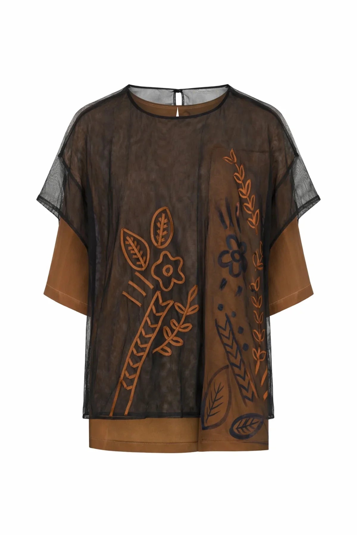 KAHVERENGİ İKİ PARÇA SATEN ÇİÇEK DESENLİ OVERSIZE BLUZ - MiiN