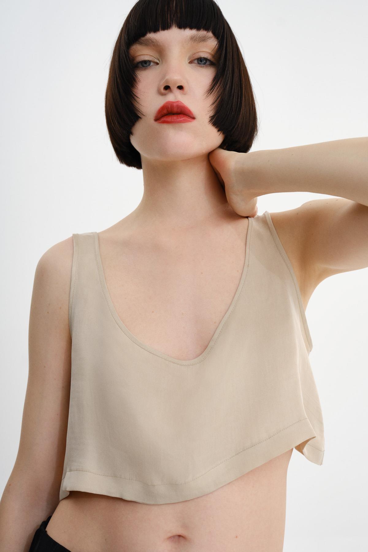 BEJ ASKILI U YAKA OVERSIZE CROP TOP - MiiN