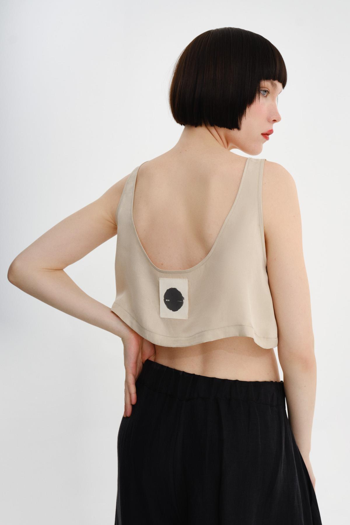 BEJ ASKILI U YAKA OVERSIZE CROP TOP - MiiN