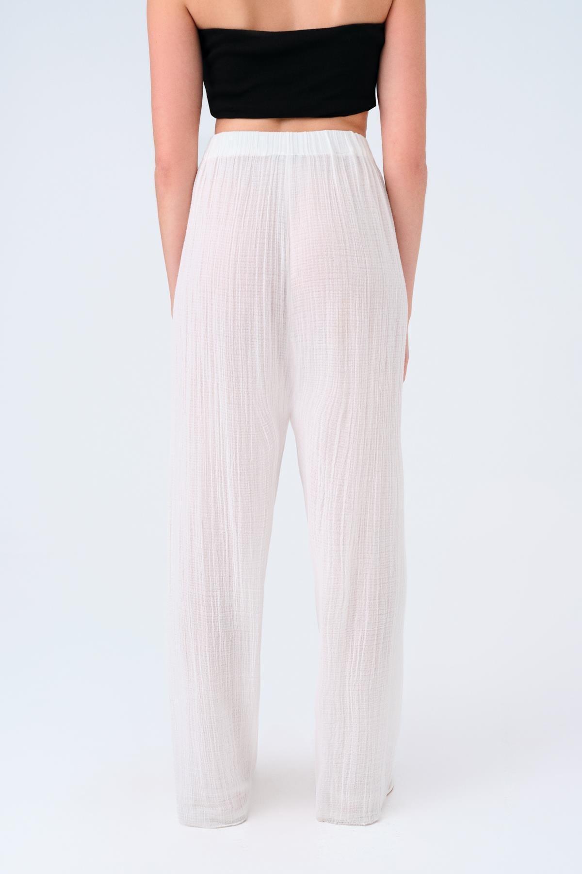 BEYAZ BELİ LASTİKLİ BOL PAÇA PANTOLON - MİİN