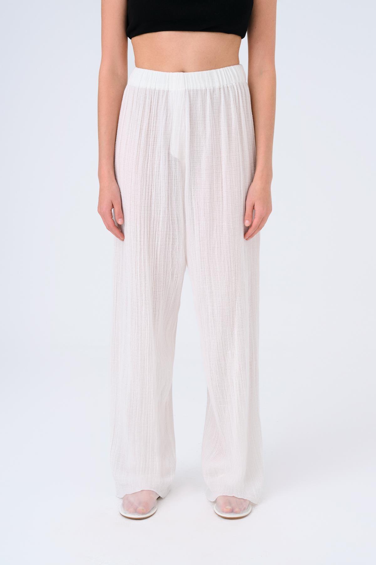 BEYAZ BELİ LASTİKLİ BOL PAÇA PANTOLON - MİİN