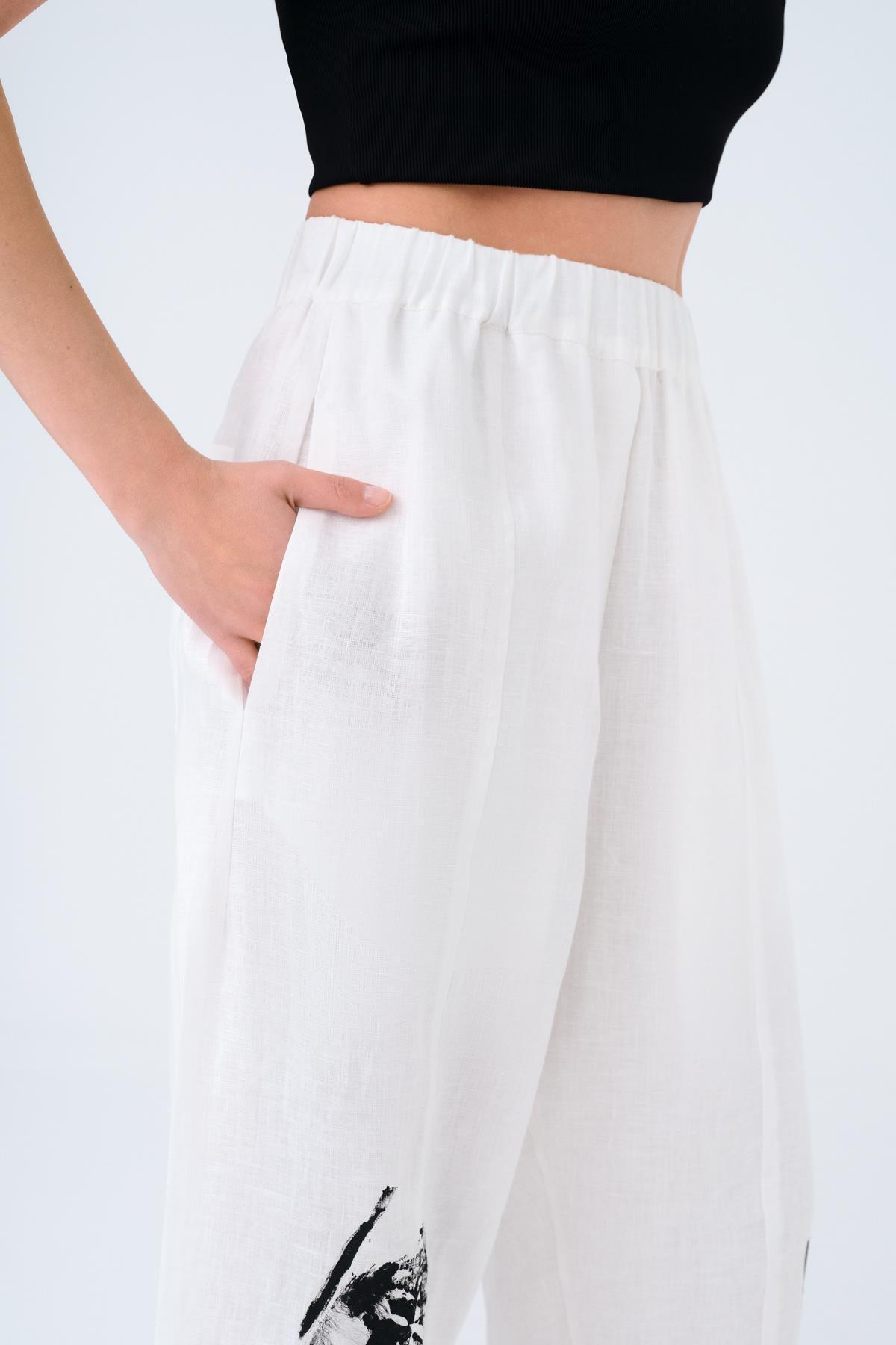 BEYAZ YAPRAK BASKILI KETEN BOL PAÇA PANTOLON - MİİN