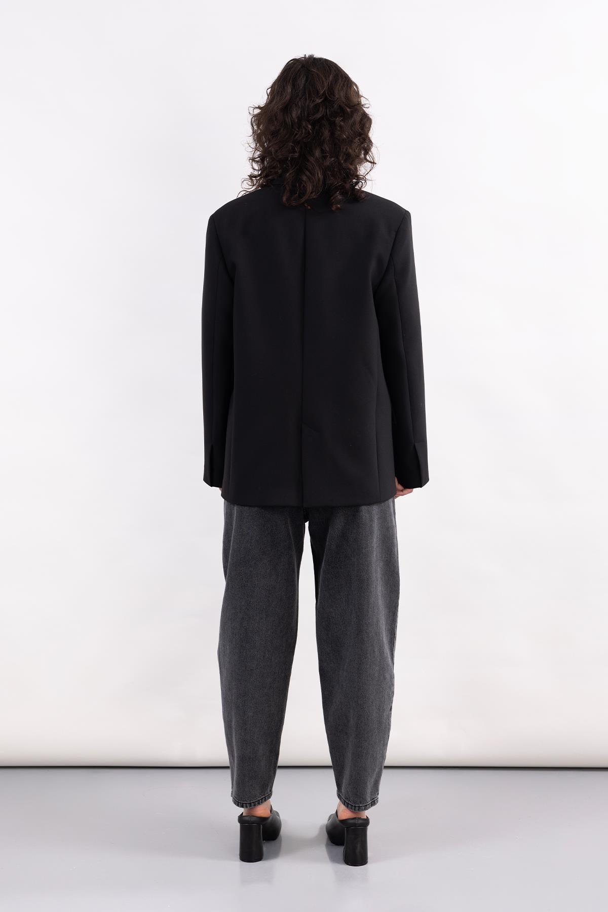 BLACK SINGLE BUTTON CLOSURE BLAZER JACKET
