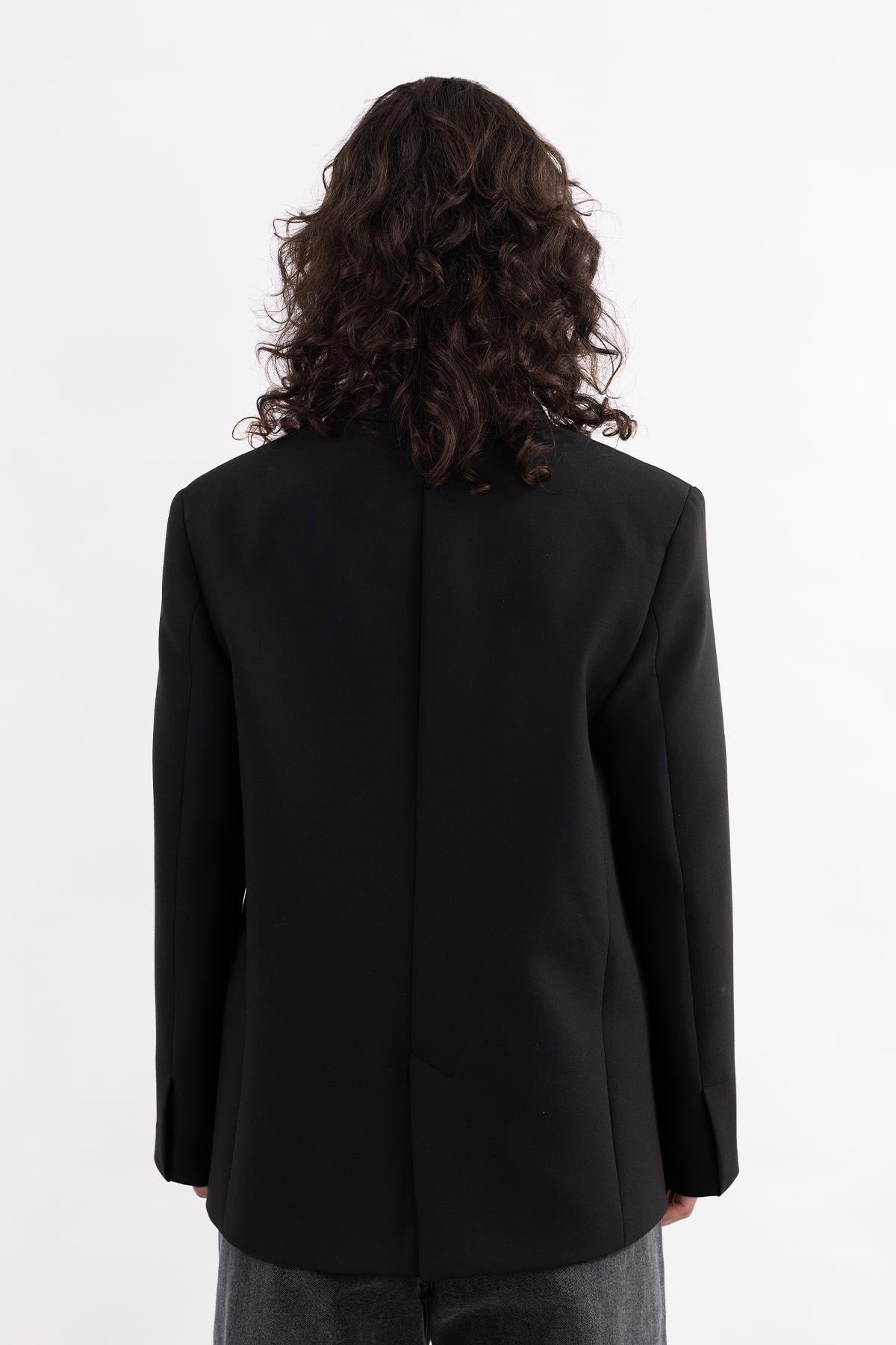 BLACK SINGLE BUTTON CLOSURE BLAZER JACKET