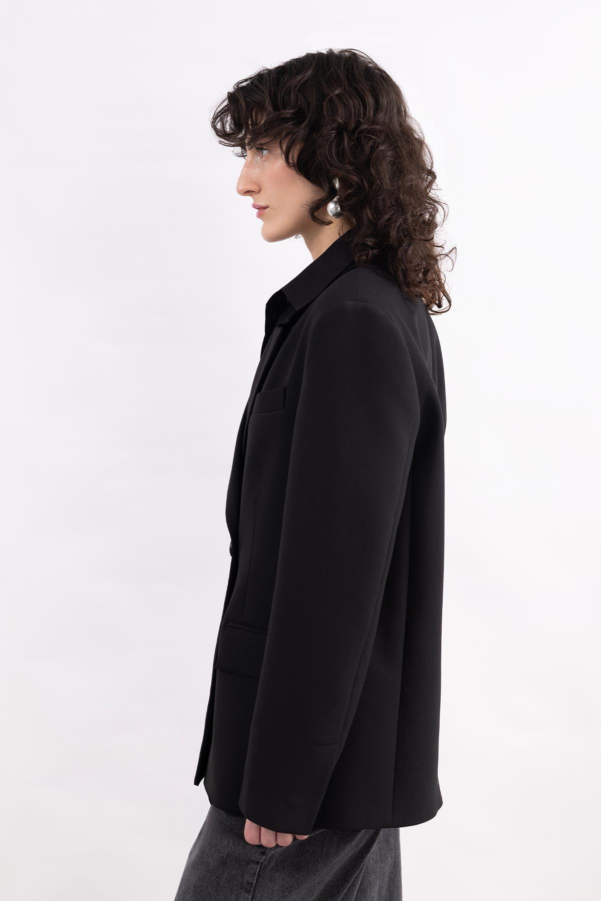 BLACK SINGLE BUTTON CLOSURE BLAZER JACKET