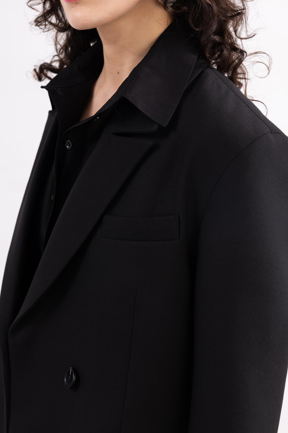 BLACK SINGLE BUTTON CLOSURE BLAZER JACKET
