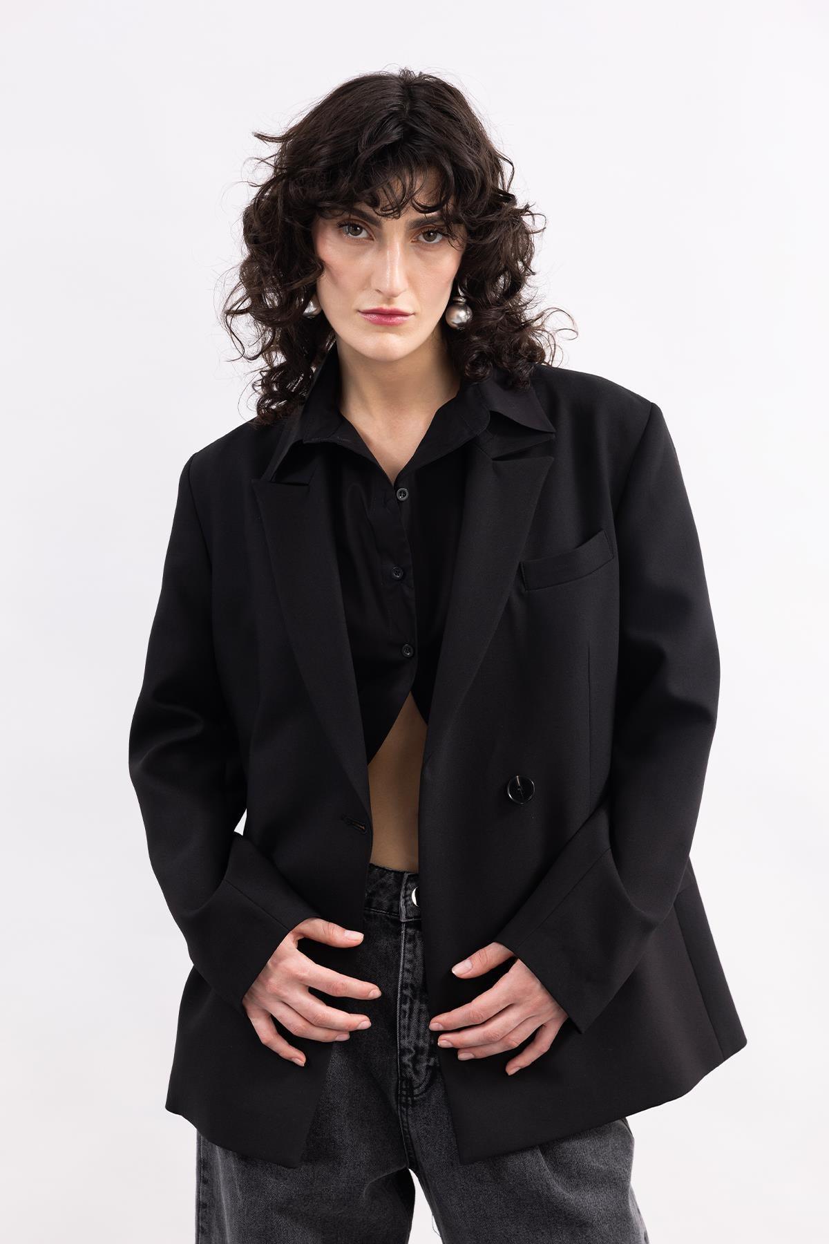BLACK SINGLE BUTTON CLOSURE BLAZER JACKET