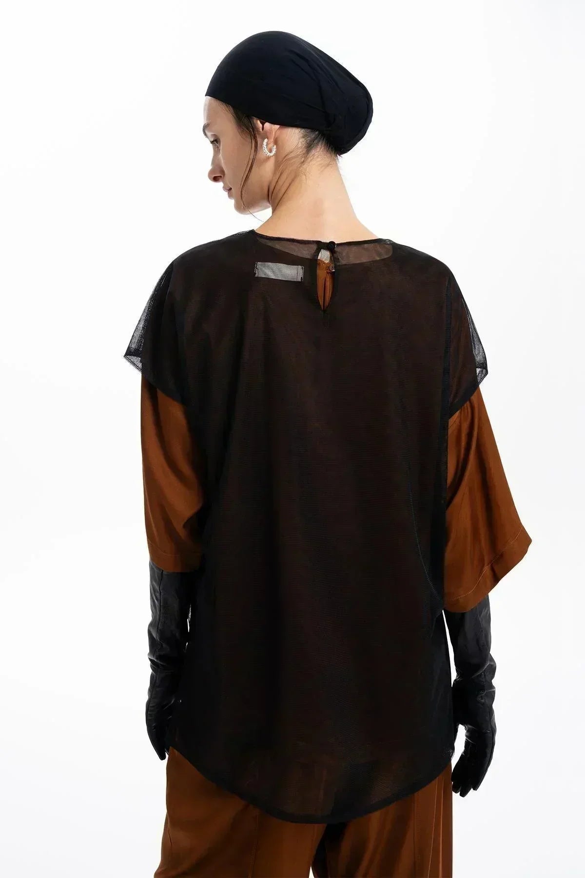BROWN TWO PIECE SATIN FLORAL PATTERNED OVERSIZE BLOUSE