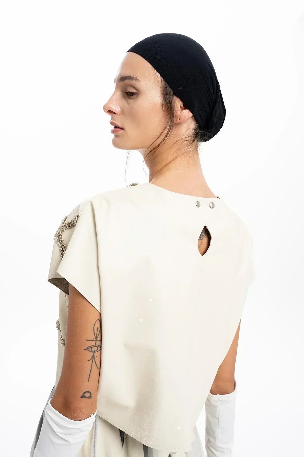 ECRU LEATHER HAND EMBROIDERED BEADS SHORT SLEEVE BLOUSE