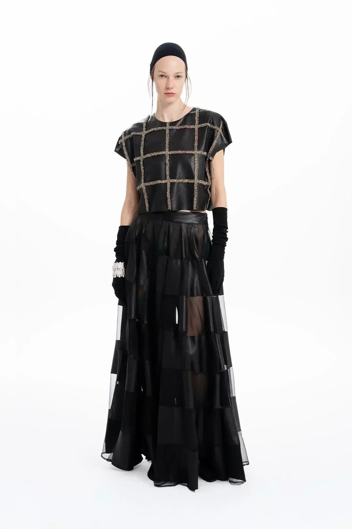 BLACK LEATHER HAND EMBROIDERED BEADS SHORT SLEEVE BLOUSE