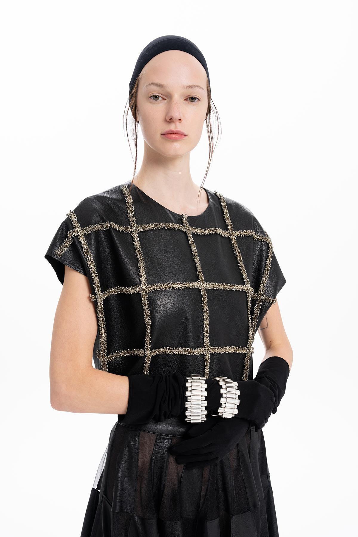 BLACK LEATHER HAND EMBROIDERED BEADS SHORT SLEEVE BLOUSE