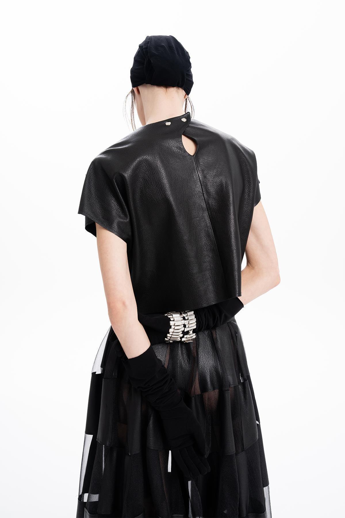 BLACK LEATHER HAND EMBROIDERED BEADS SHORT SLEEVE BLOUSE