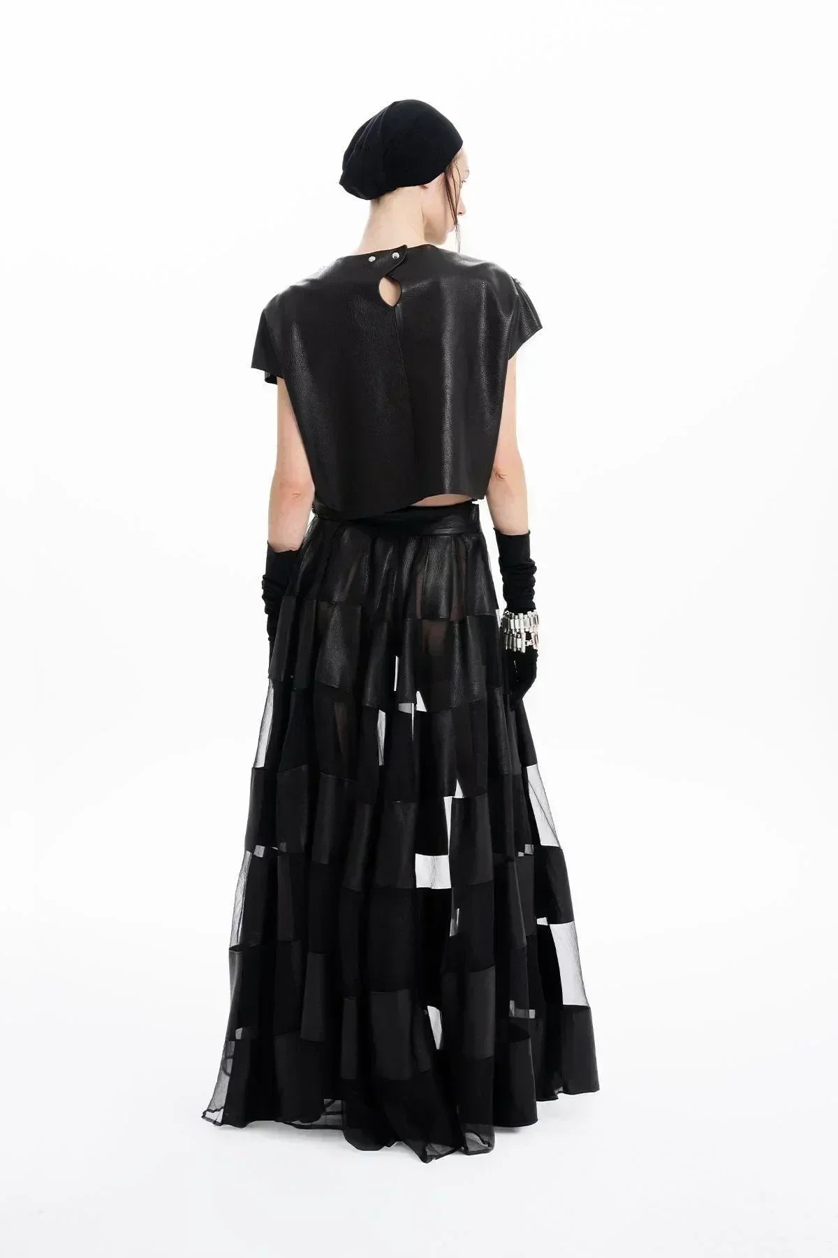 BLACK LEATHER HAND EMBROIDERED BEADS SHORT SLEEVE BLOUSE