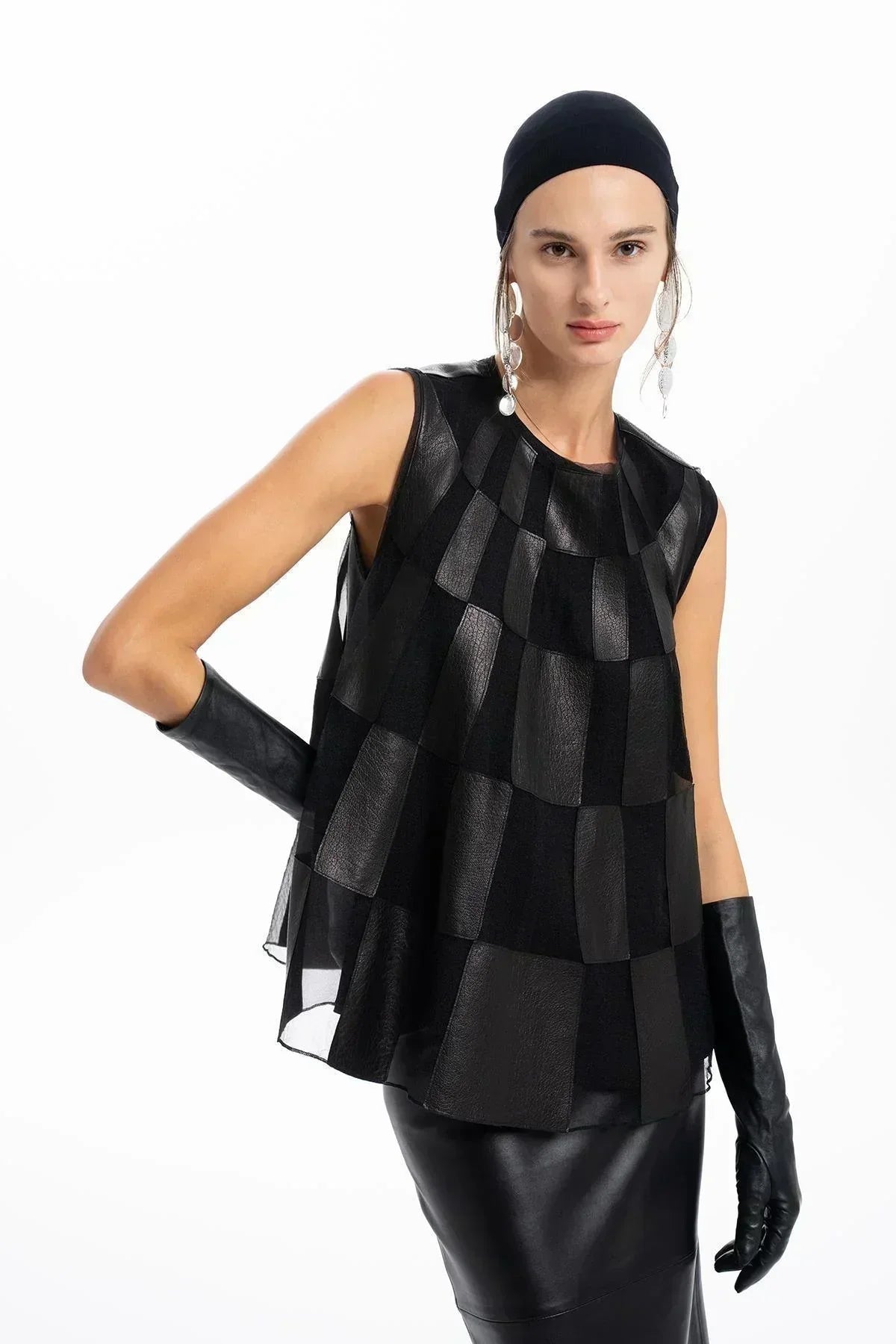 BLACK LEATHER ORGANZA PATCHWORK DESIGNED BLOUSE