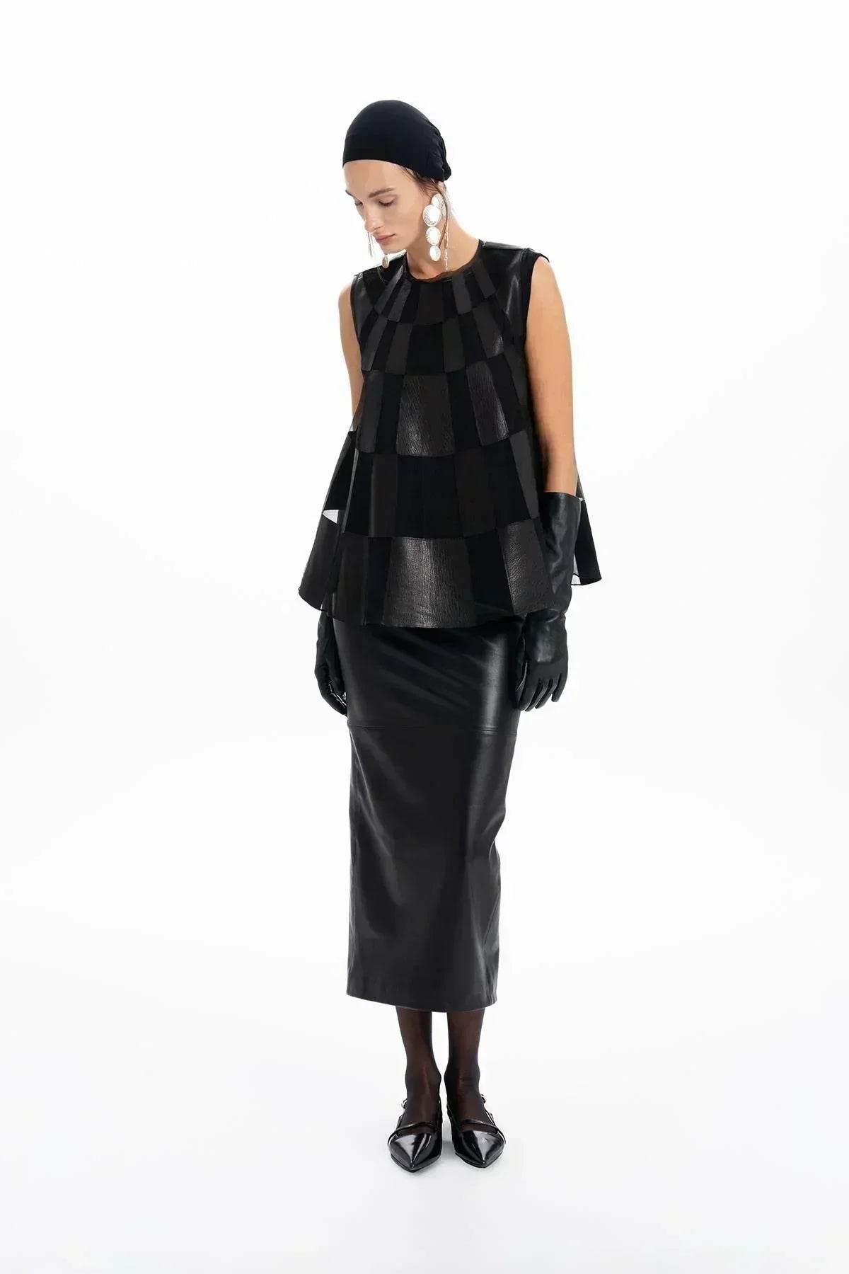 BLACK LEATHER ORGANZA PATCHWORK DESIGNED BLOUSE