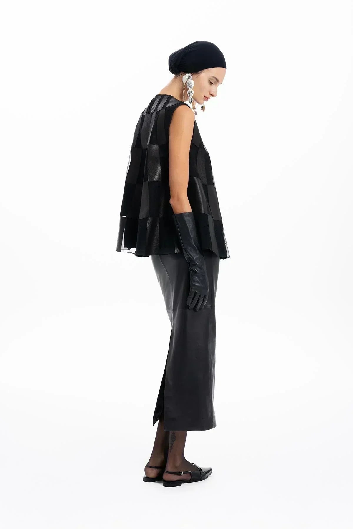 SİYAH DERİ ORGANZE PATCHWORK TASARIMLI BLUZ