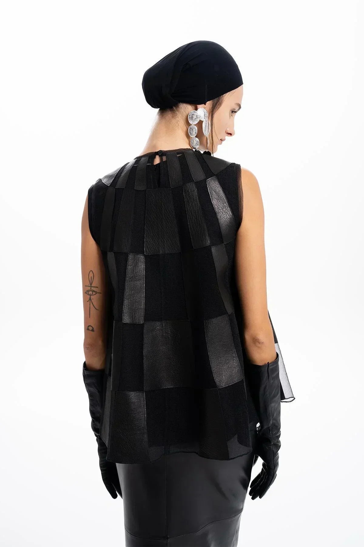 BLACK LEATHER ORGANZA PATCHWORK DESIGNED BLOUSE