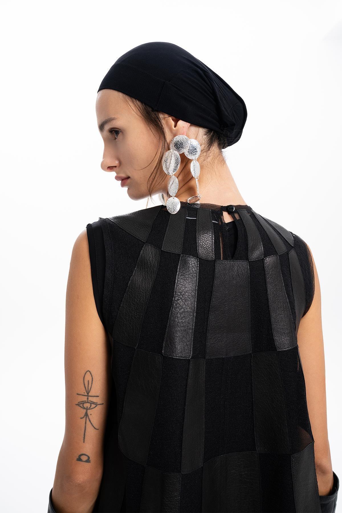BLACK LEATHER ORGANZA PATCHWORK DESIGNED BLOUSE