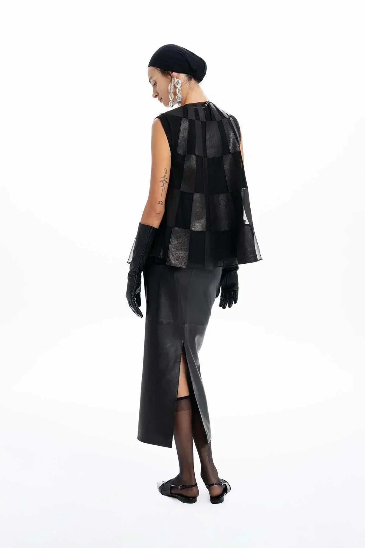 SİYAH DERİ ORGANZE PATCHWORK TASARIMLI BLUZ