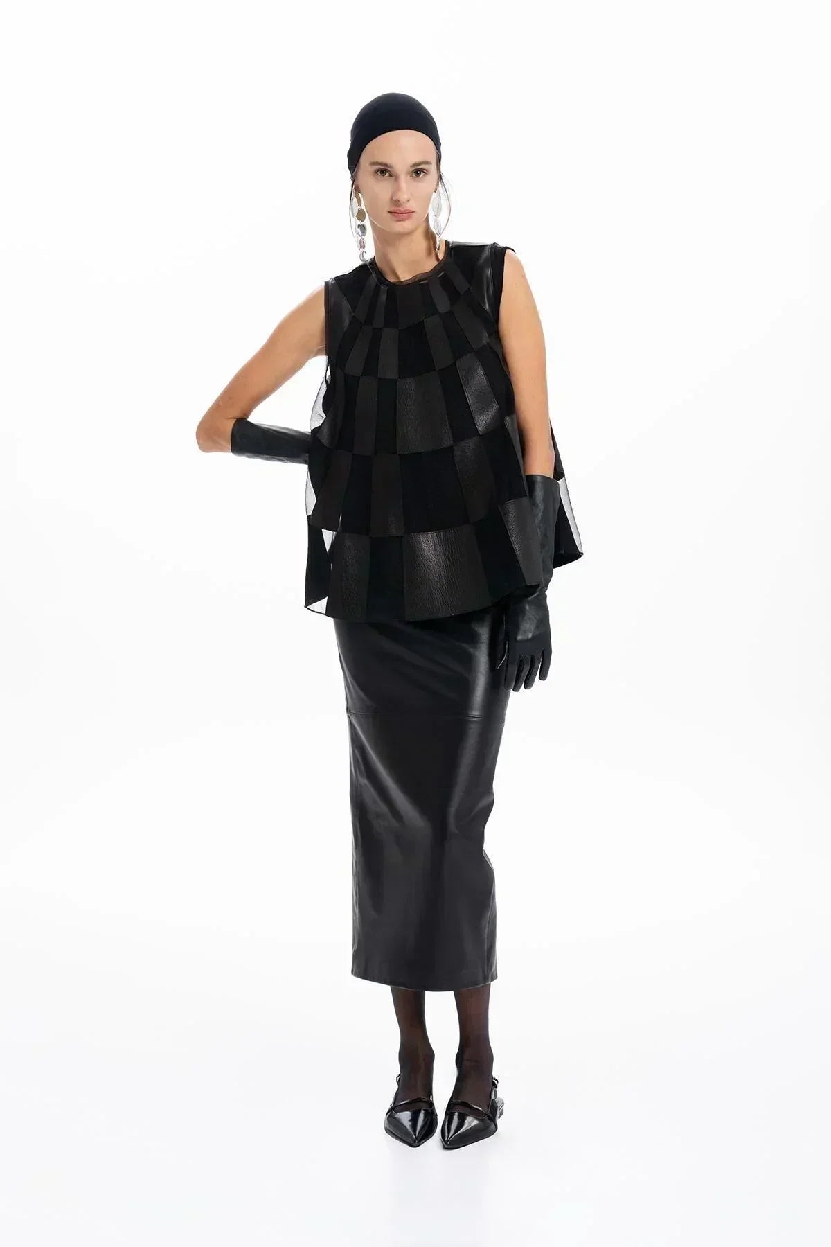 SİYAH DERİ ORGANZE PATCHWORK TASARIMLI BLUZ