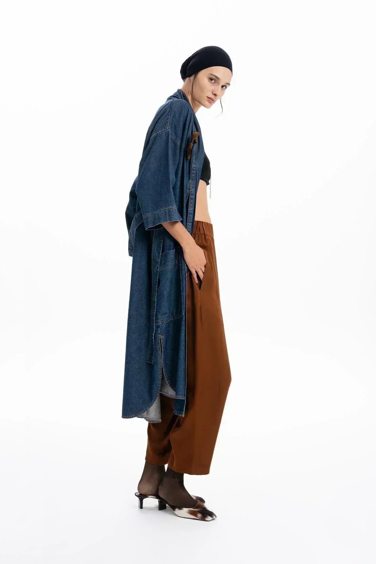 LONG DENIM CAPE WITH LEATHER ROSE APPLIQUE BELT