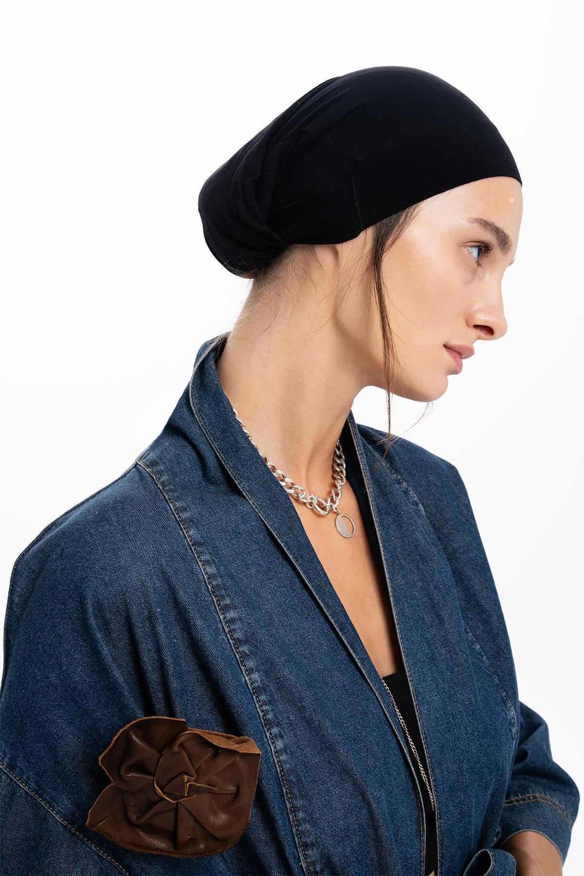 DERİ GÜL APLİKELİ KEMERLİ UZUN DENIM KAP