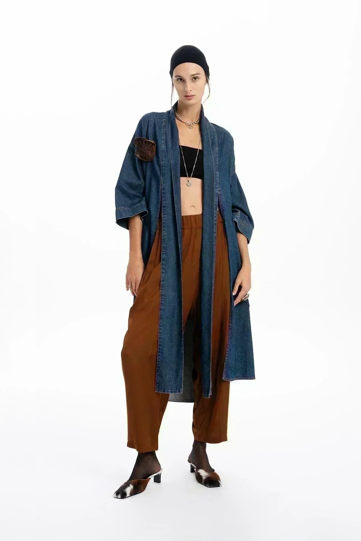 DERİ GÜL APLİKELİ KEMERLİ UZUN DENIM KAP - MiiN