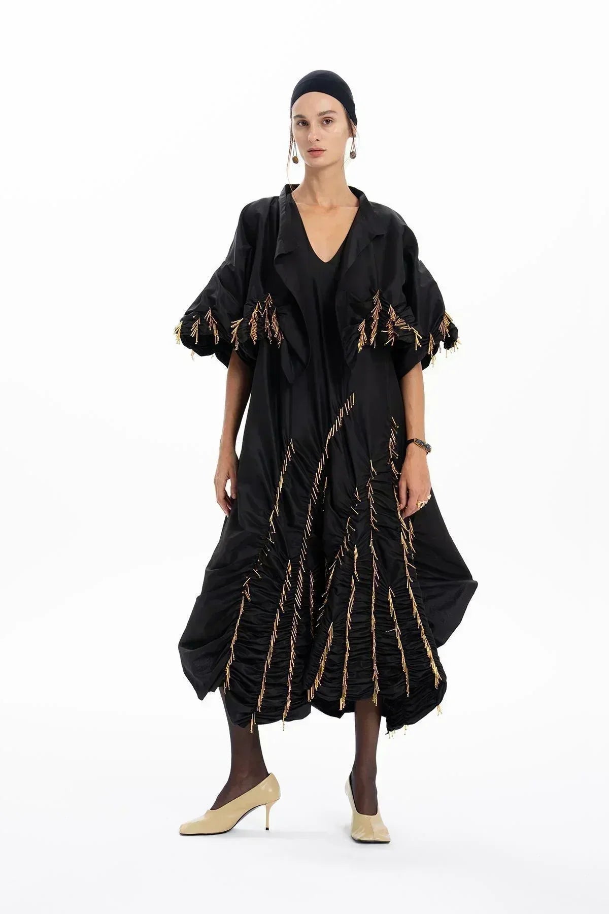 BLACK HAND EMBROIDERED GOLD BEADS DRESSED CROP JACKET