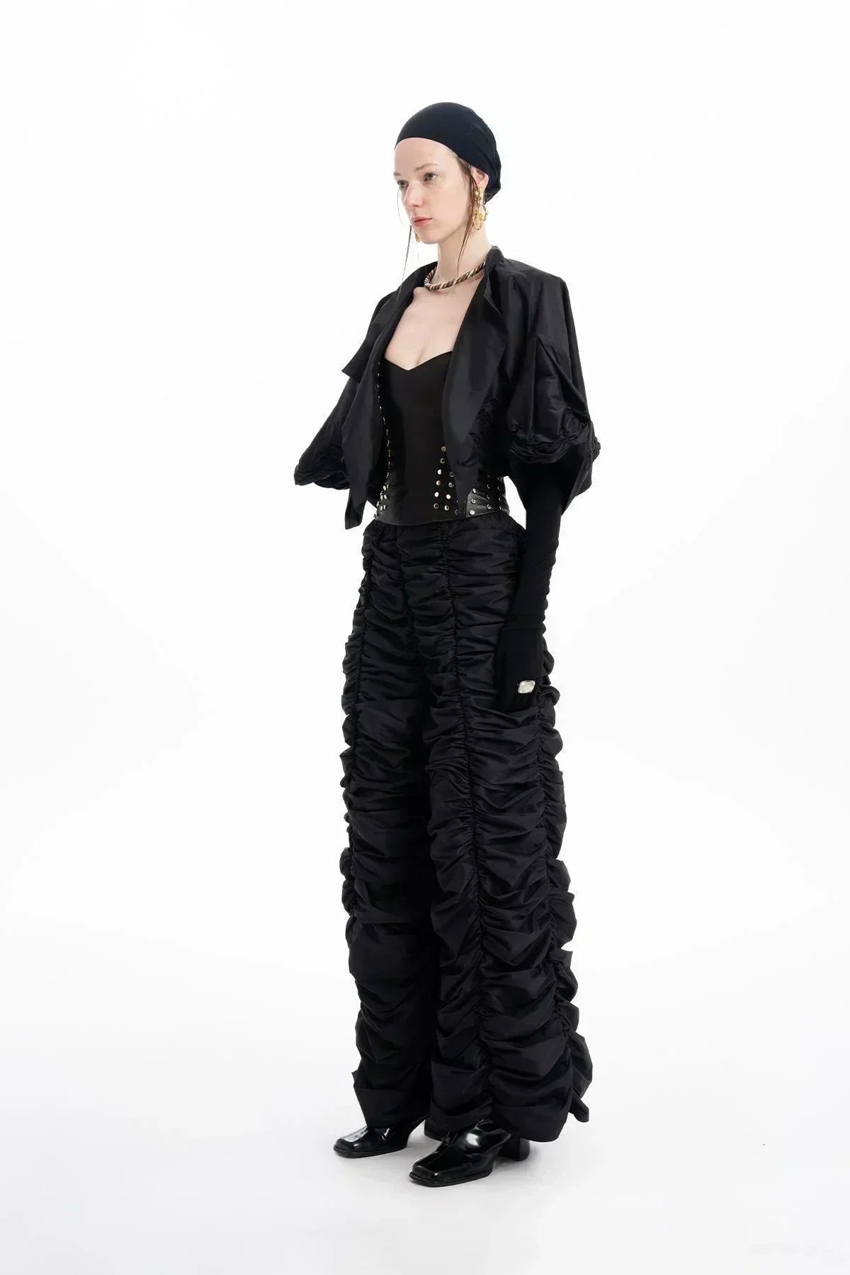 BLACK TAFFETA DRESSED CROP JACKET