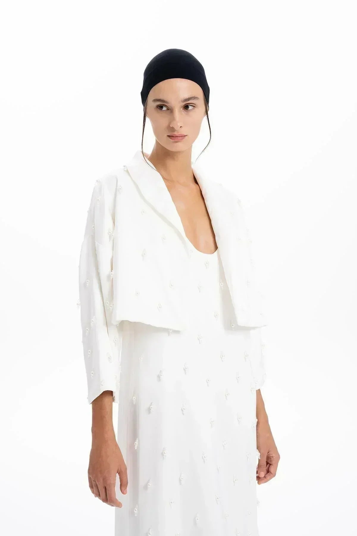 WHITE HAND EMBROIDERED BEADED CROP JACKET