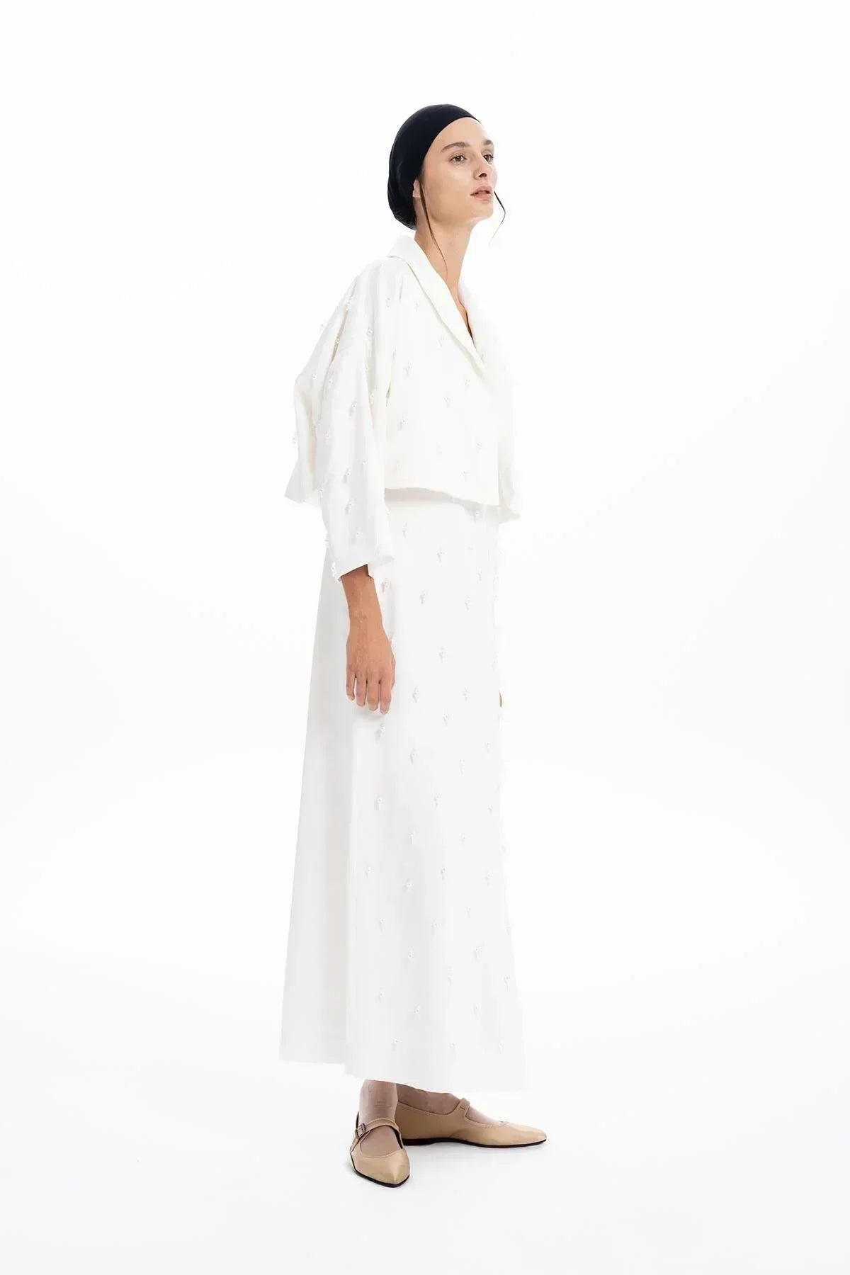WHITE HAND EMBROIDERED BEADED CROP JACKET