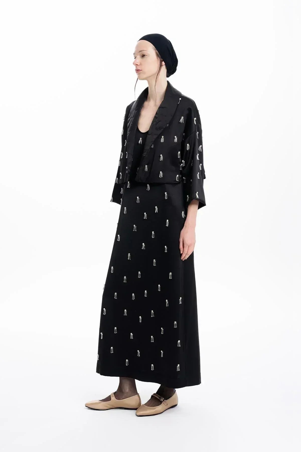 BLACK HAND EMBROIDERED BEADED CROP JACKET