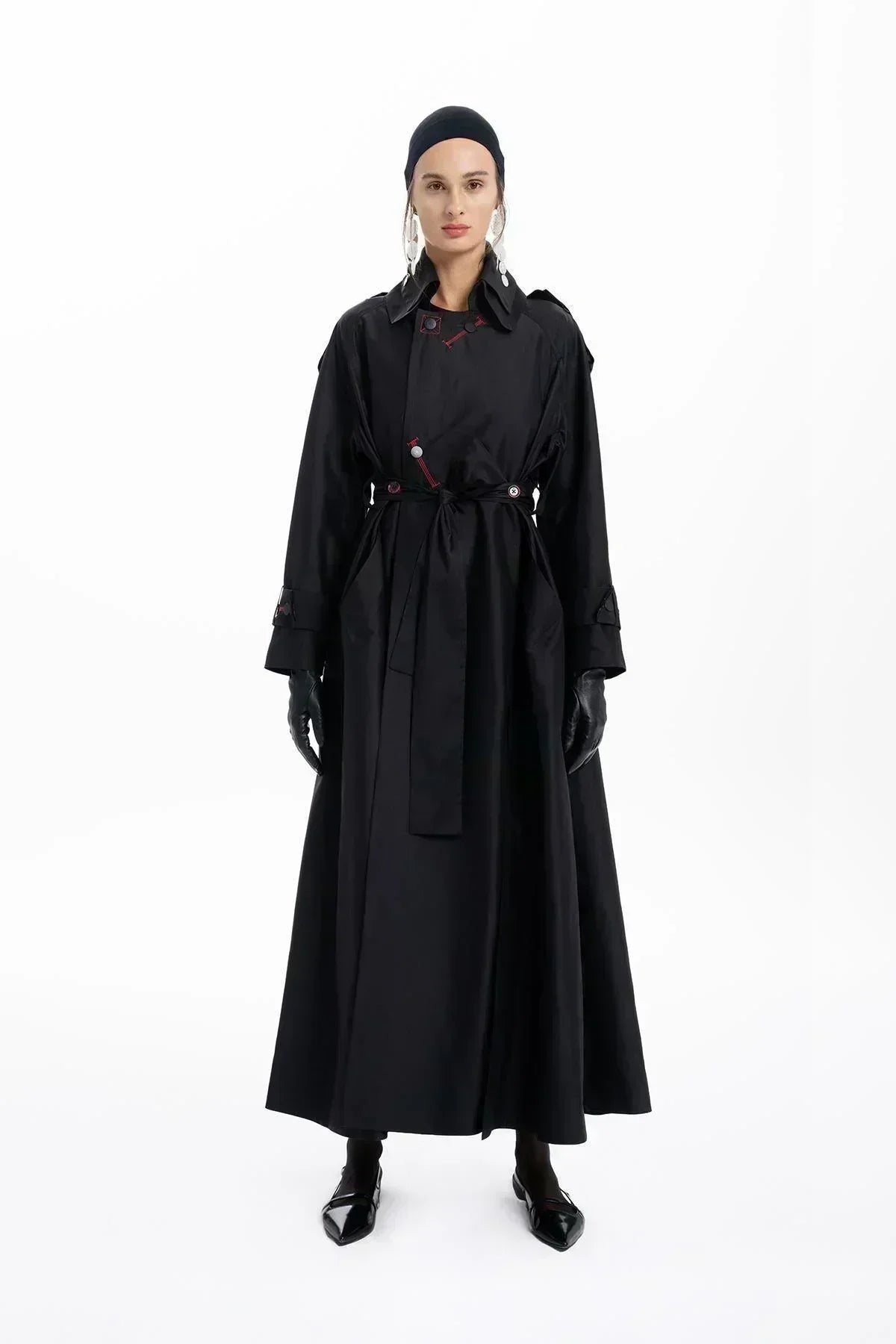 SİYAH TAFTA KATLI YAKA KEMERLİ UZUN TRENÇKOT - MiiN