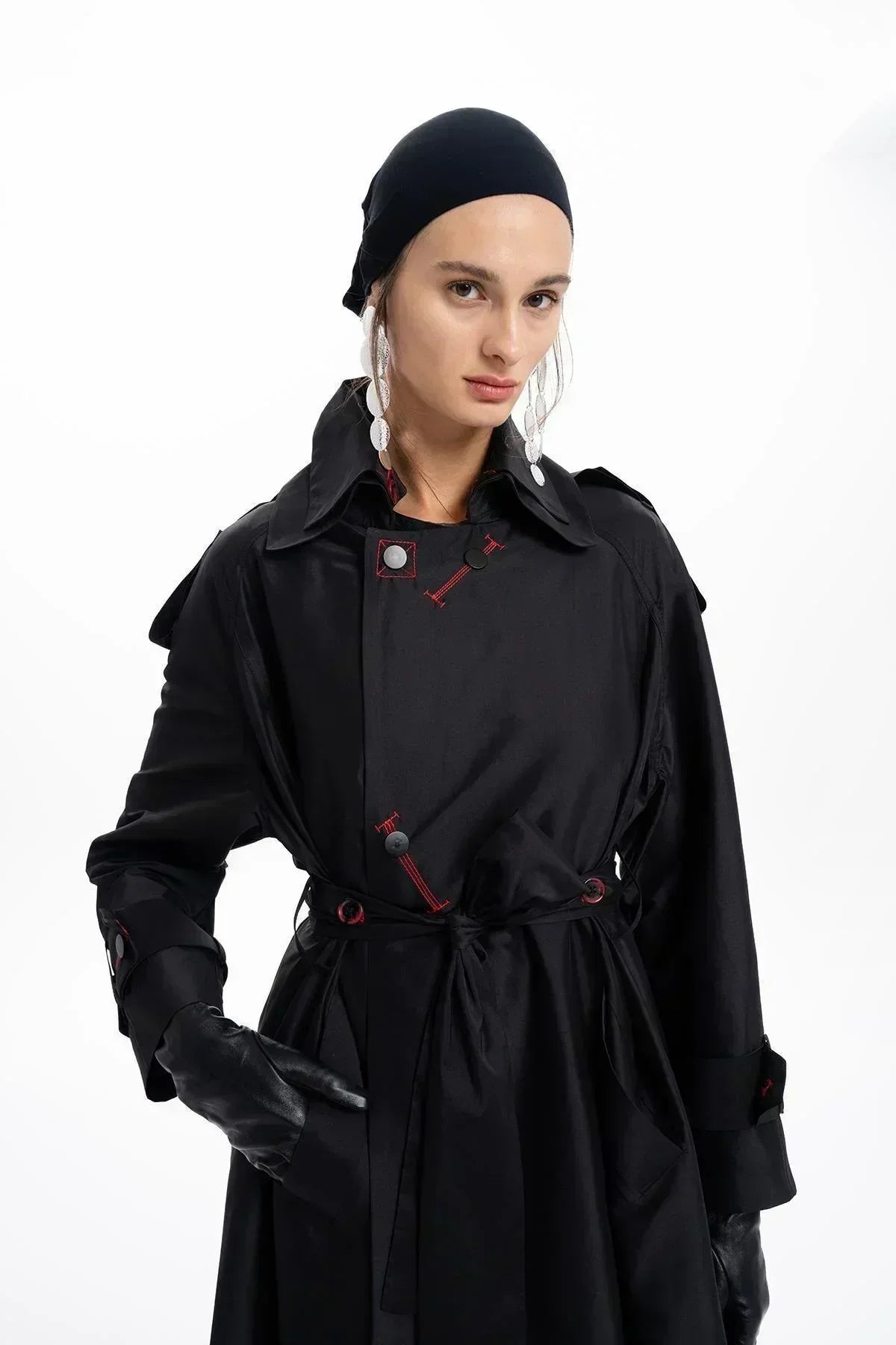 BLACK TAFFETA FOLDED COLLAR BELTED LONG TRENCH COAT