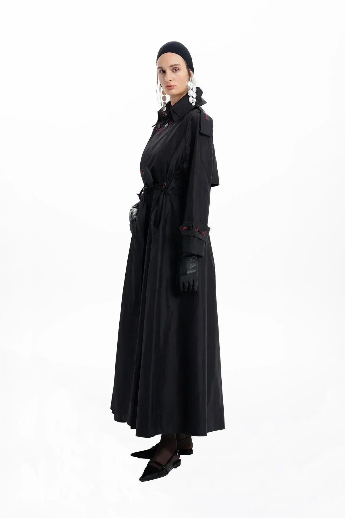 BLACK TAFFETA FOLDED COLLAR BELTED LONG TRENCH COAT